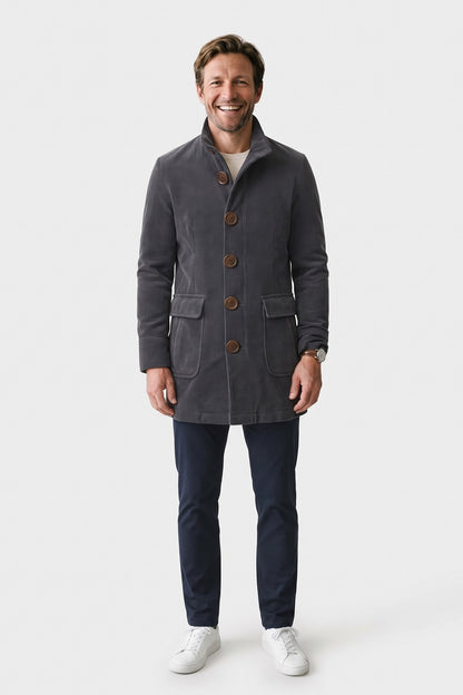 Men's Stand Collar Jacket | Button Front — Grey — front view — on model