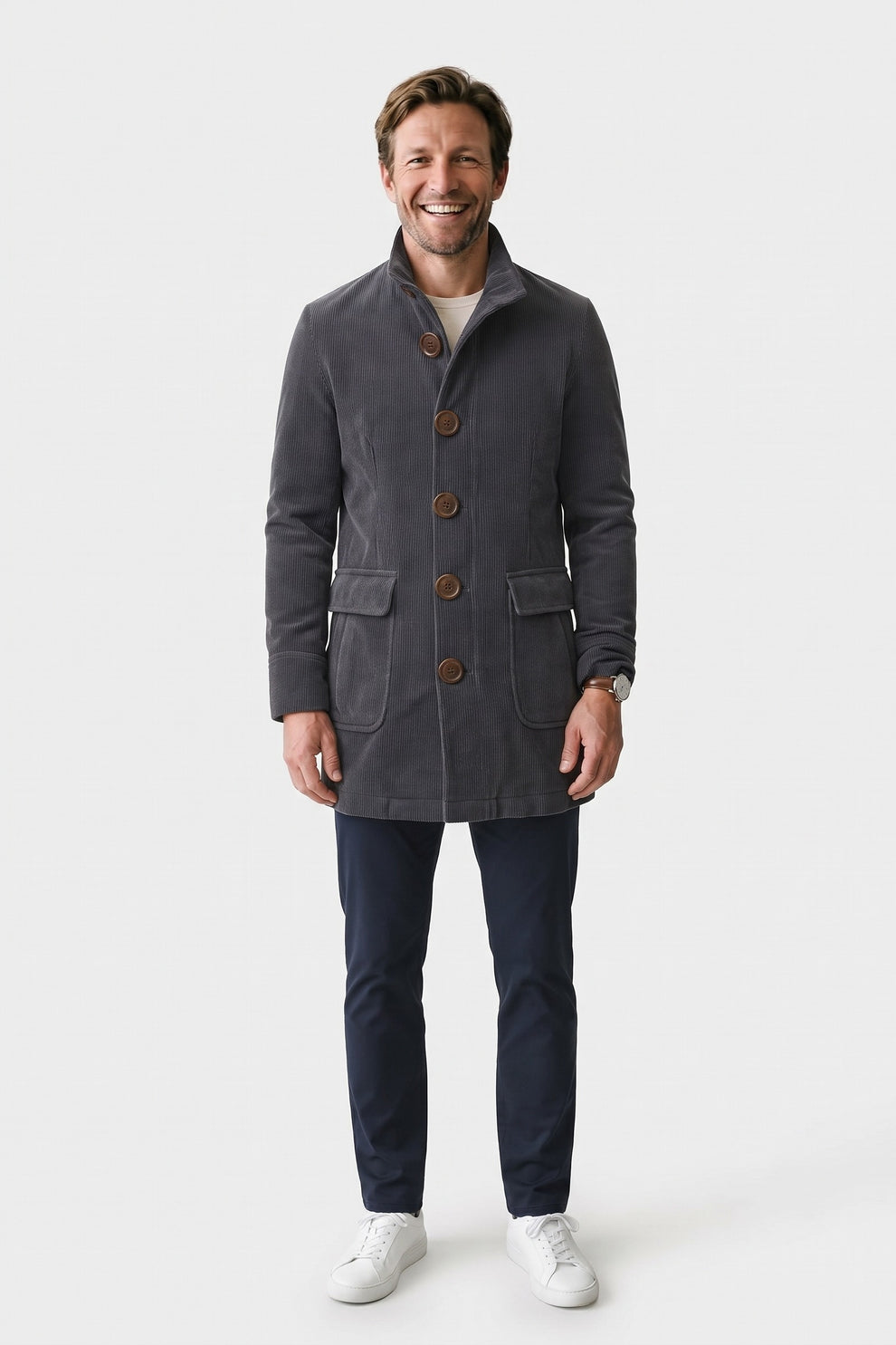 Men's Stand Collar Jacket | Button Front — Grey — front view — on model