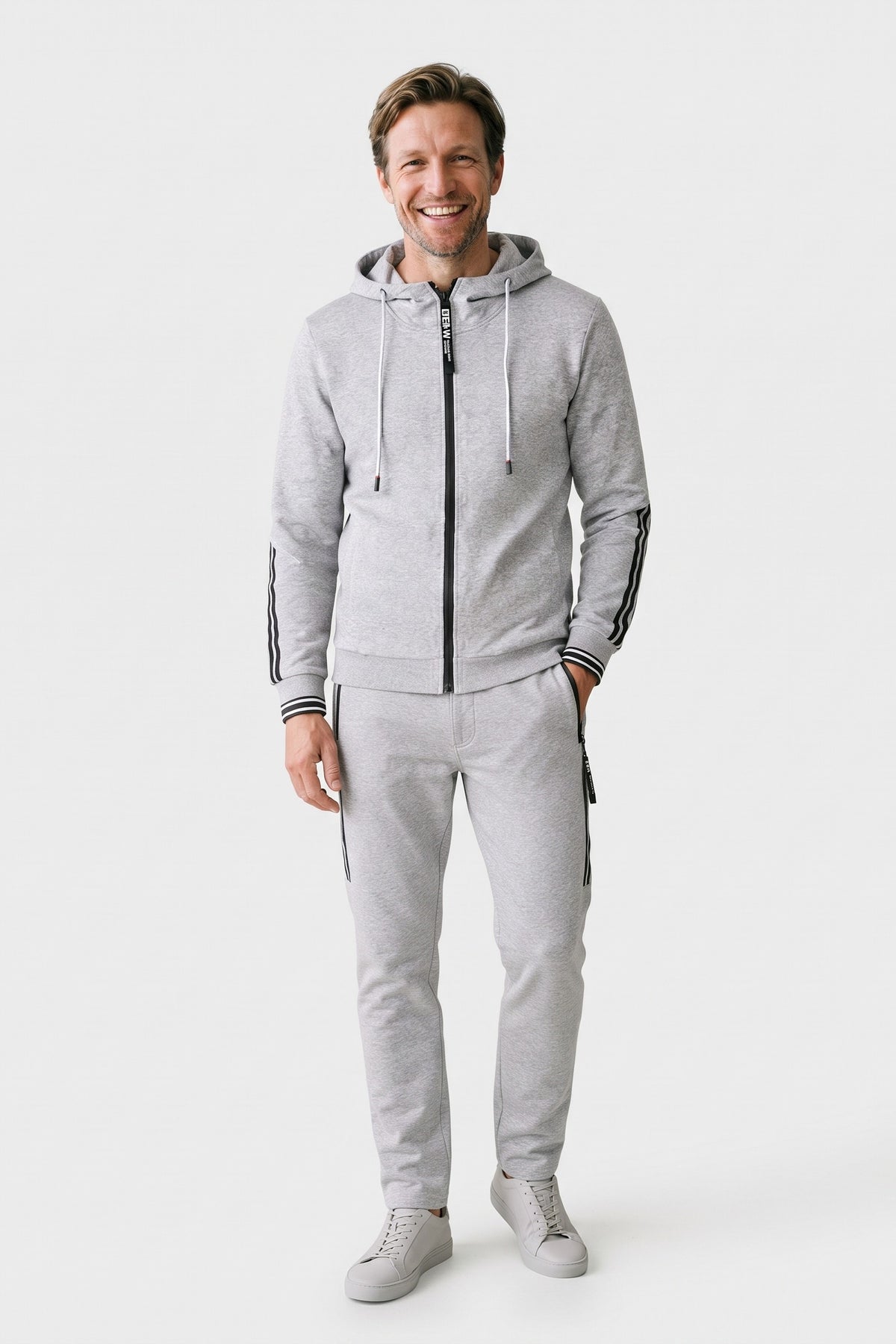 Men's Zip-Up Tracksuit Set | Striped Trim — Grey — front view — on model