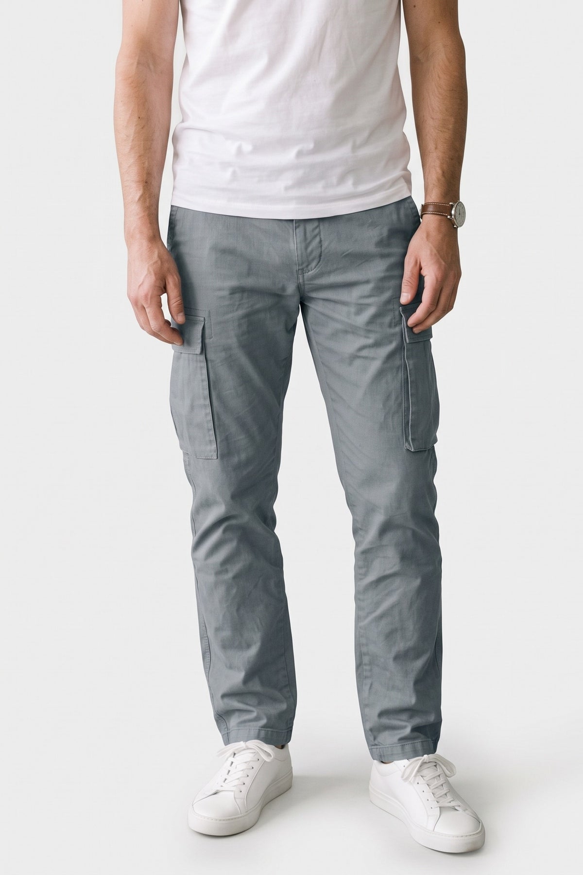 Men's Cargo Pants | Drawstring Ankle Cuffs — Grey — front view — on model