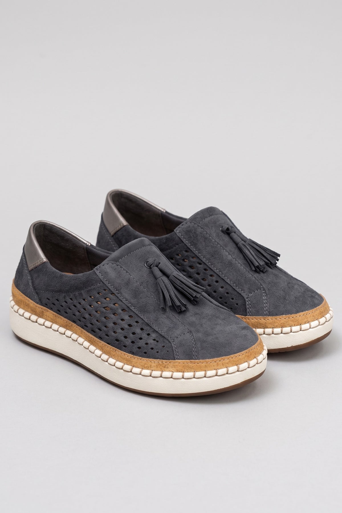 Women's Slip-On Sneaker | Tassel Detail — Grey — shoe_main — on model
