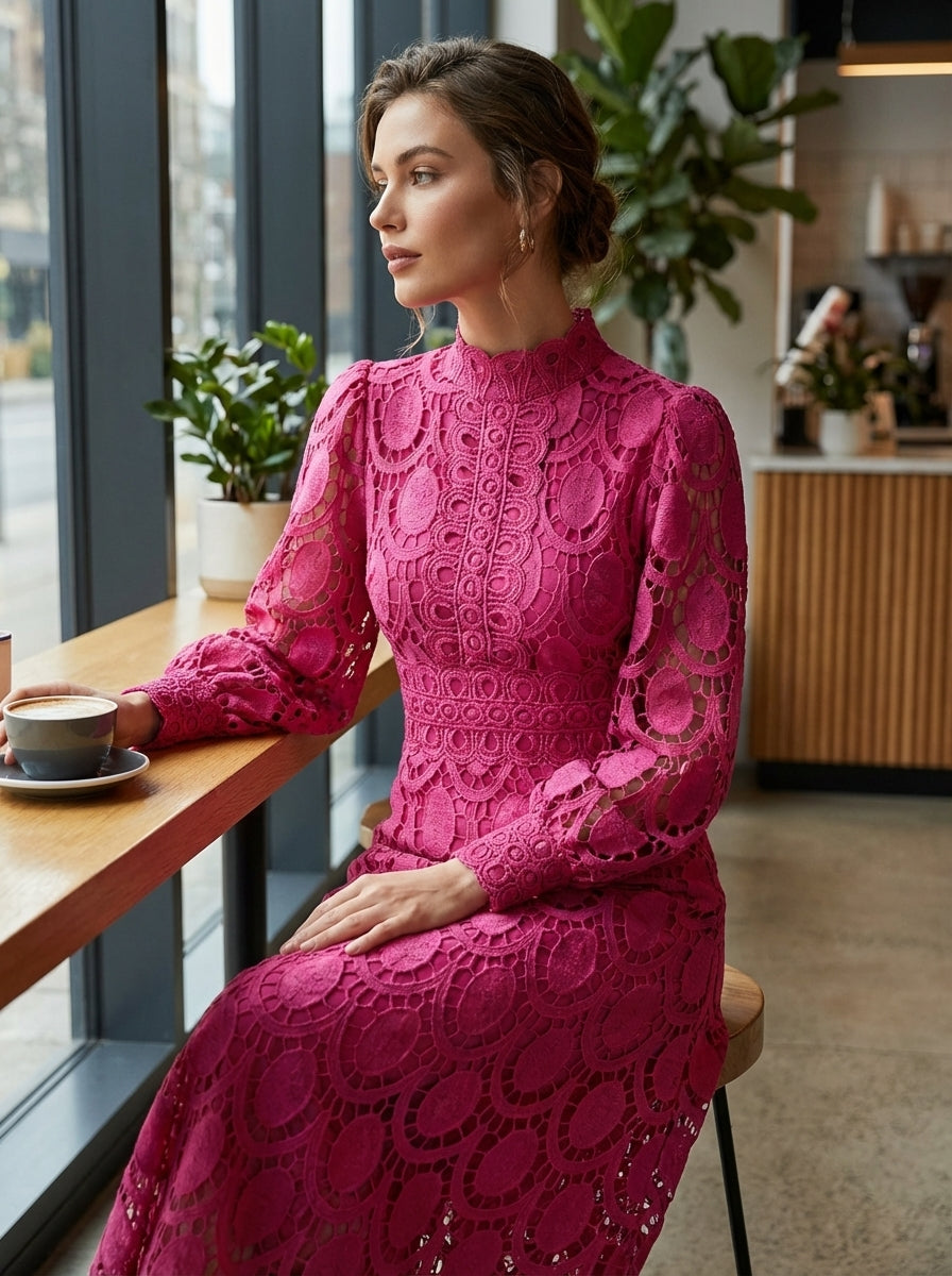 Lace Dress for Women with Stand Collar and Long Sleeves