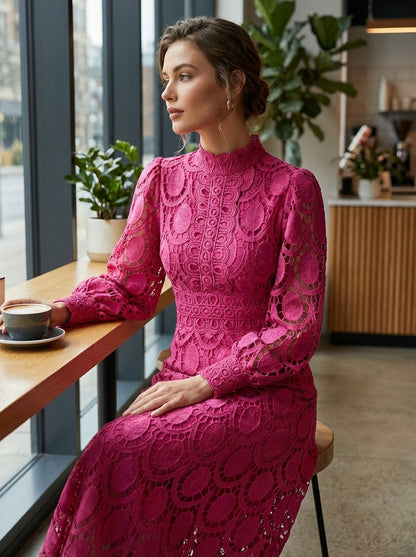 Lace Dress for Women with Stand Collar and Long Sleeves