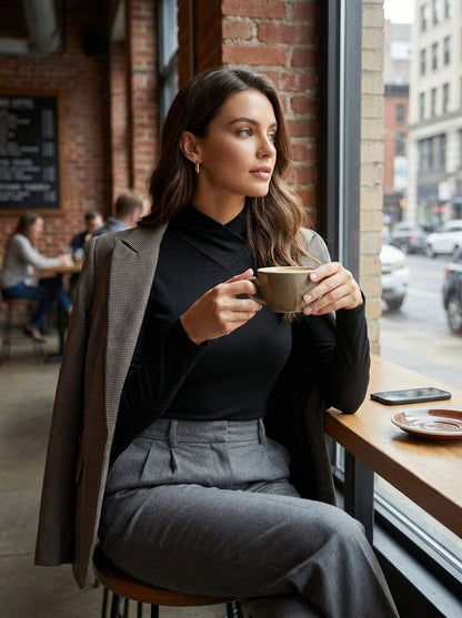Women's Long Sleeve V-neck Top with Stand-up Collar