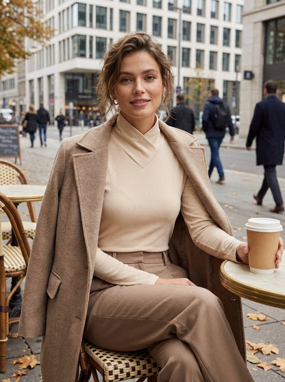 Women's Long Sleeve V-neck Top with Stand-up Collar
