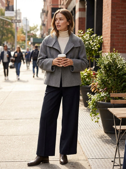Women's Notched Collar Short Jacket with Button Placket