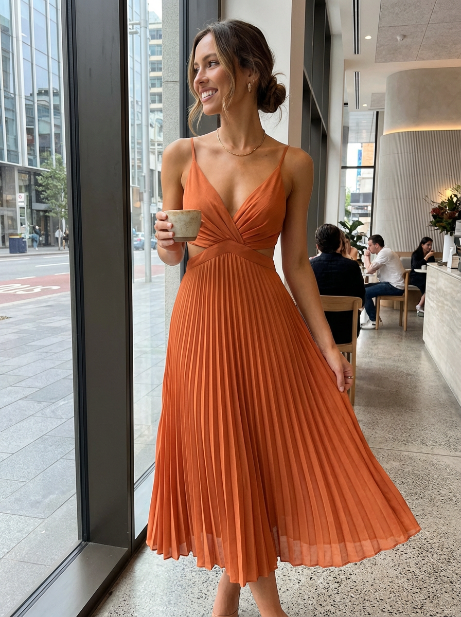 Pleated V-Neck Maxi Dress for Women