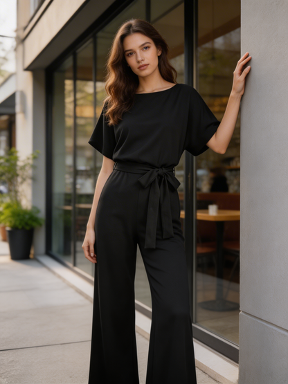 Women's Short Sleeve Long Jumpsuit with Tie Belt