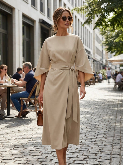 Women's Midi Dress with Belt and Wide Sleeves