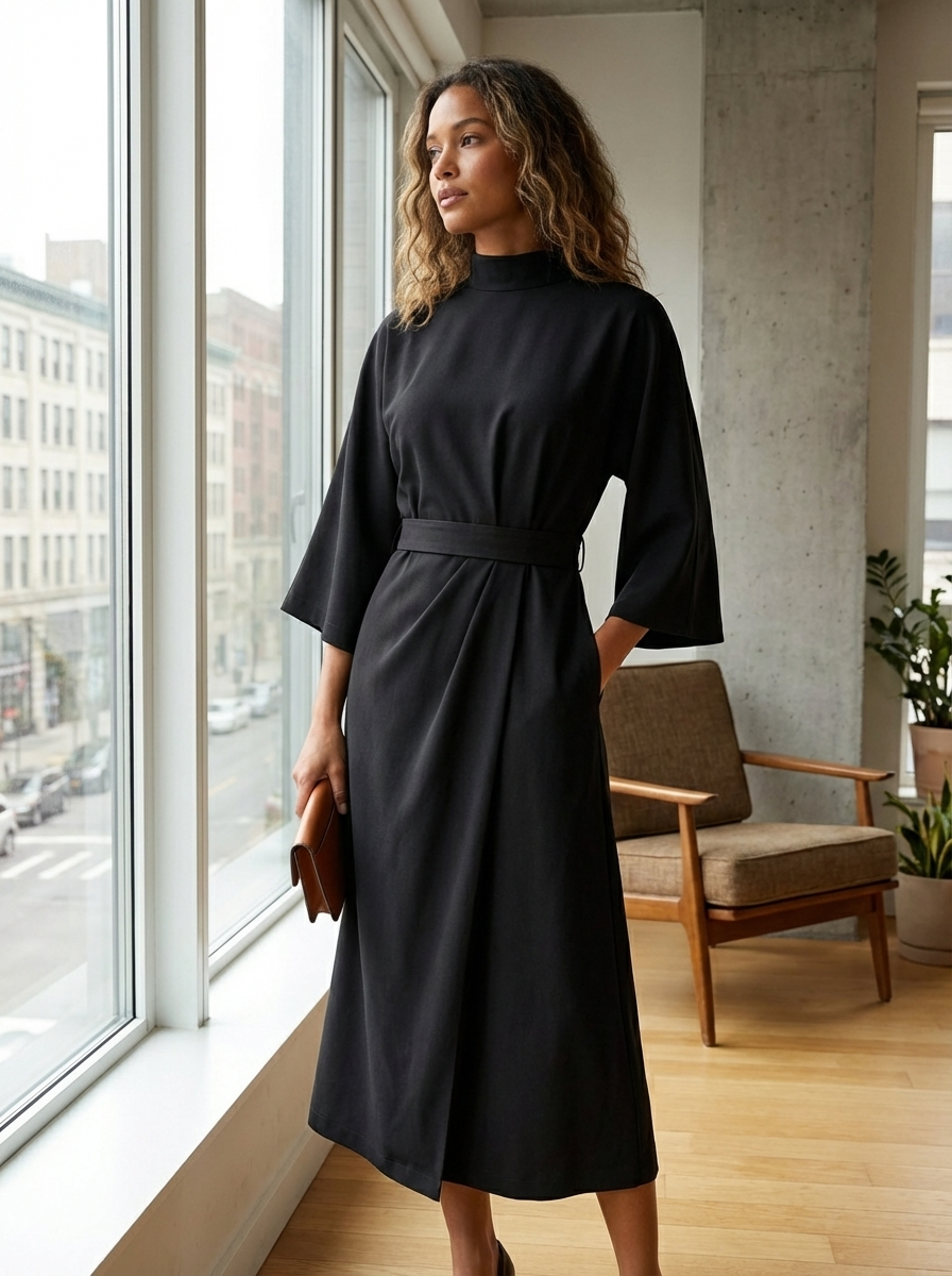 Women's Midi Dress with Belt and Wide Sleeves
