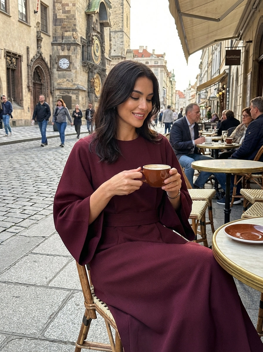 Women's Midi Dress with Belt and Wide Sleeves