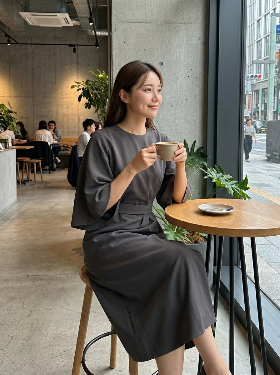 Women's Midi Dress with Belt and Wide Sleeves