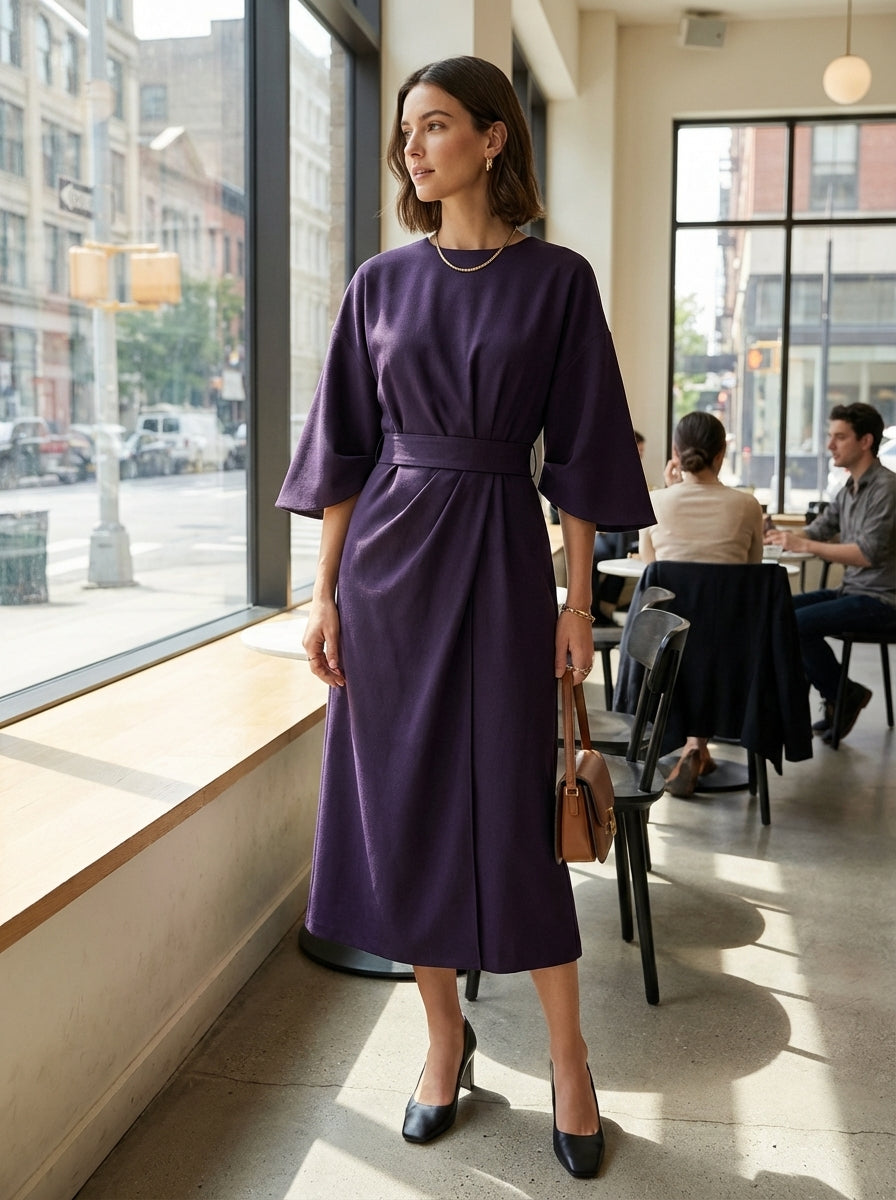 Women's Midi Dress with Belt and Wide Sleeves