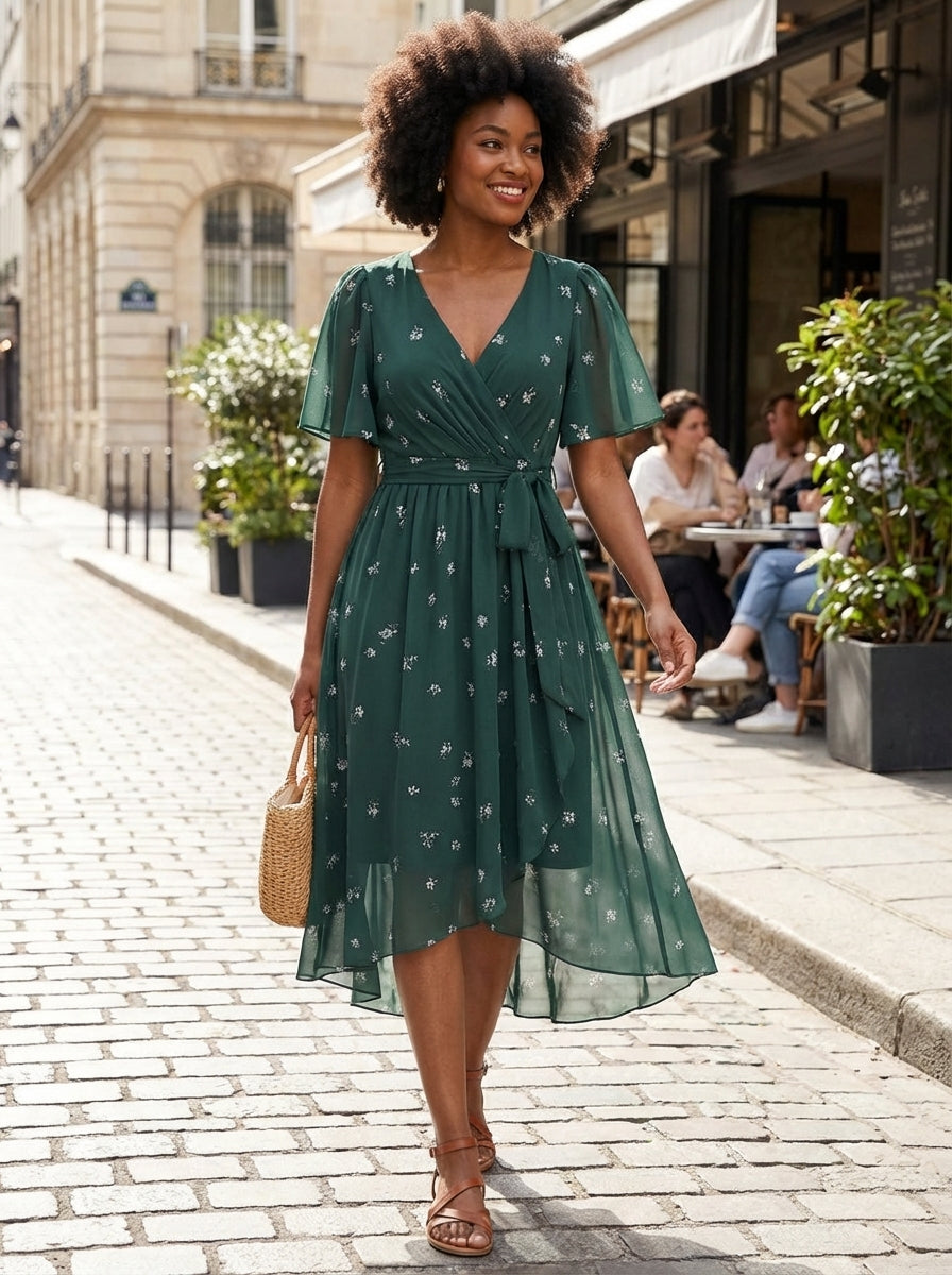 Women's V-Neck Printed Wrap Dress