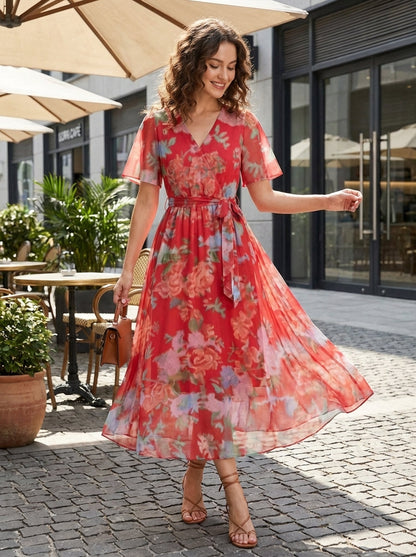 Women's V-Neck Printed Wrap Dress