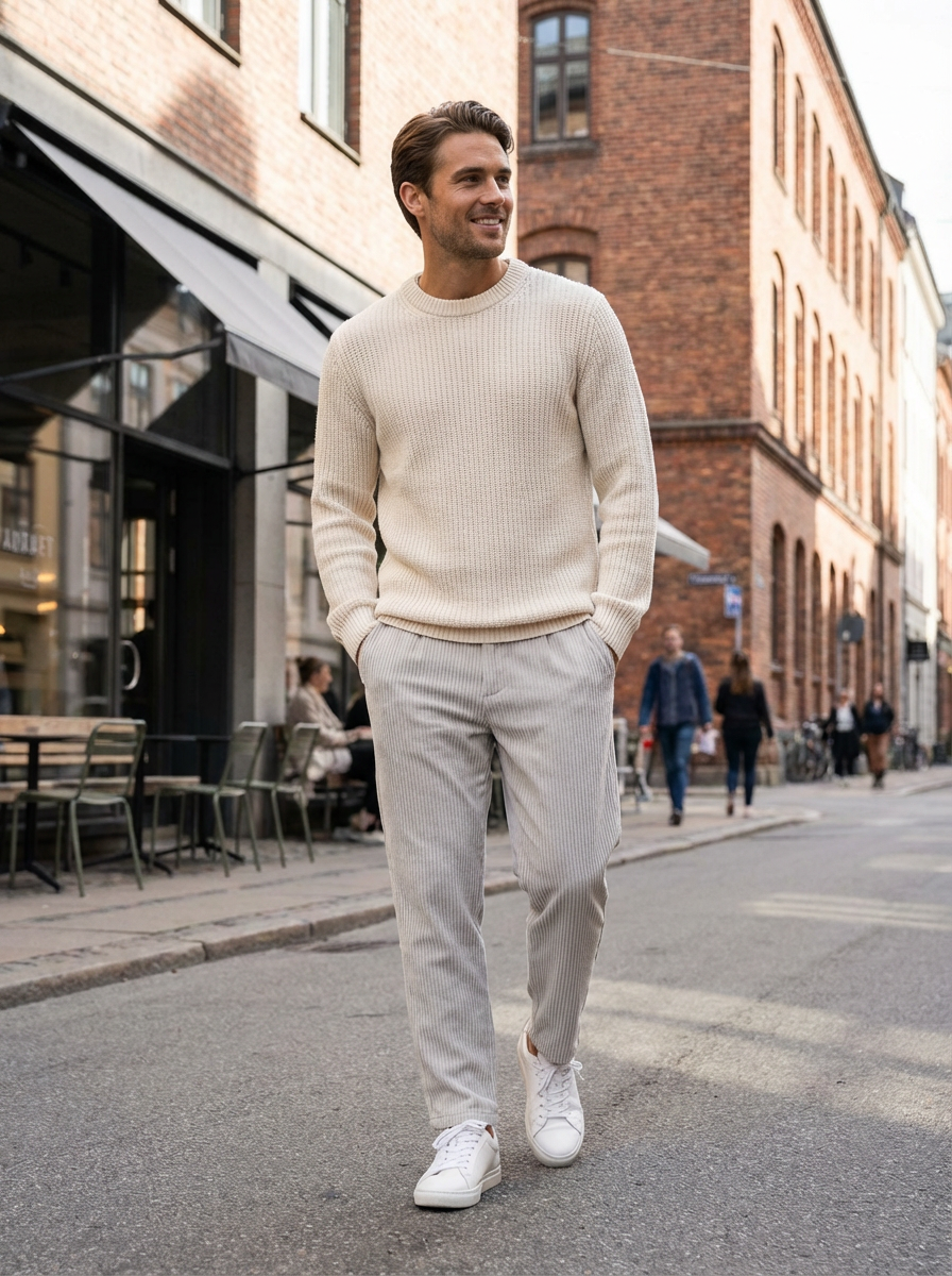 Men's Ribbed Straight Cut Trousers with Elastic Waistband