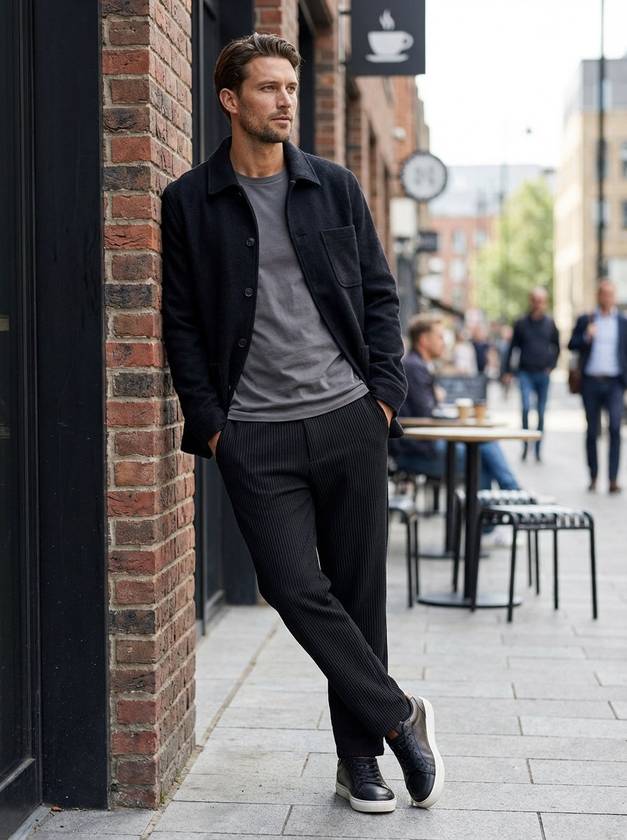 Men's Ribbed Straight Cut Trousers with Elastic Waistband