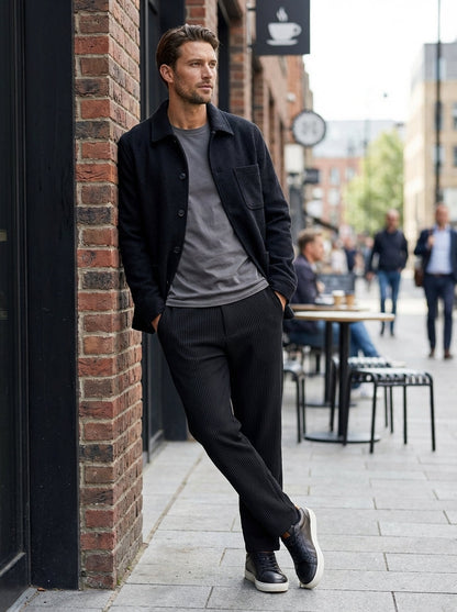 Men's Ribbed Straight Cut Trousers with Elastic Waistband