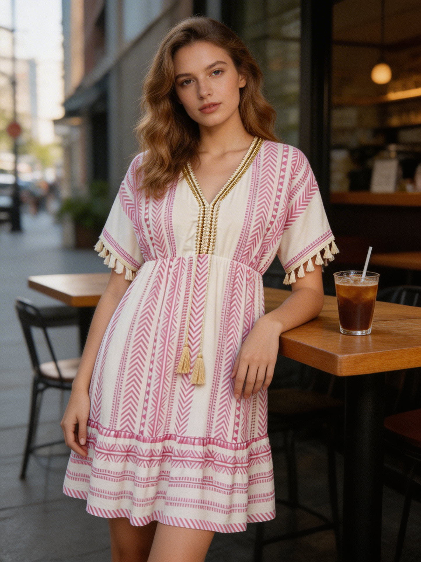 V-Neck Summer Dress for Women with Pattern and Tassels