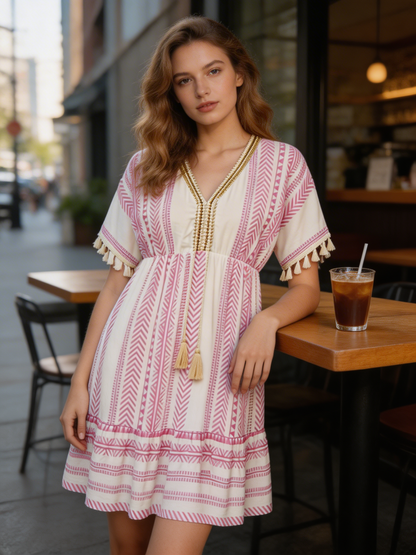 V-Neck Summer Dress for Women with Pattern and Tassels