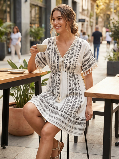 V-Neck Summer Dress for Women with Pattern and Tassels