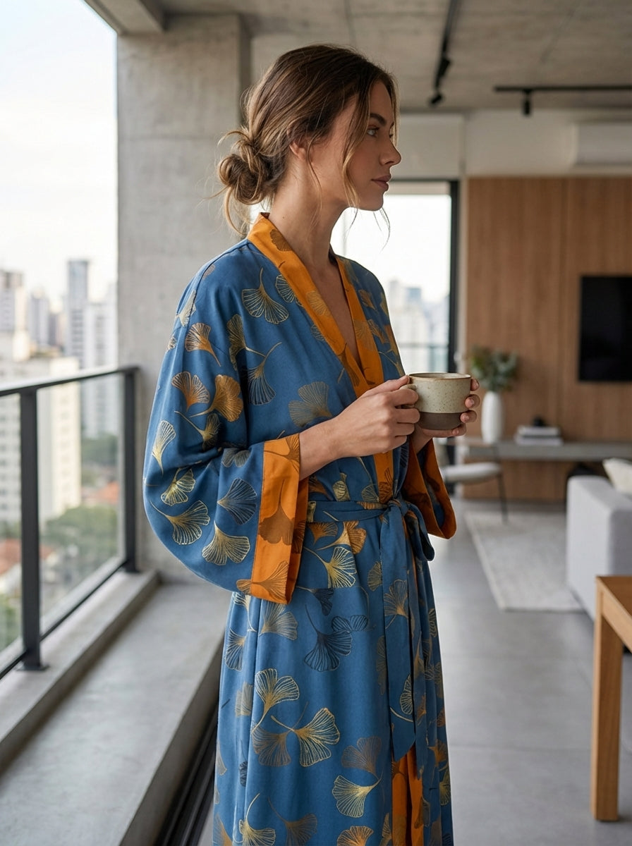 Knee-Length Women's Kimono Bathrobe with Belt and Pattern
