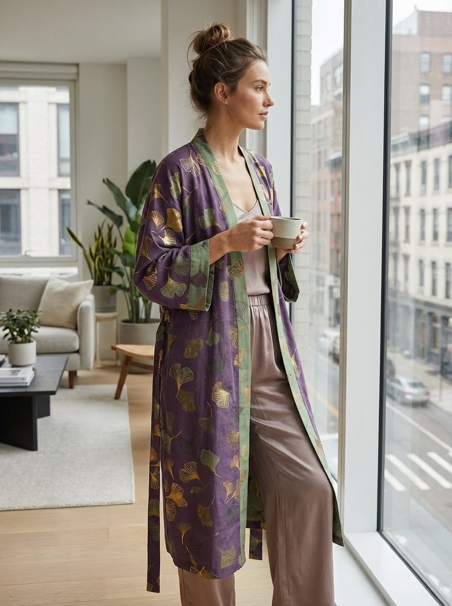 Knee-Length Women's Kimono Bathrobe with Belt and Pattern