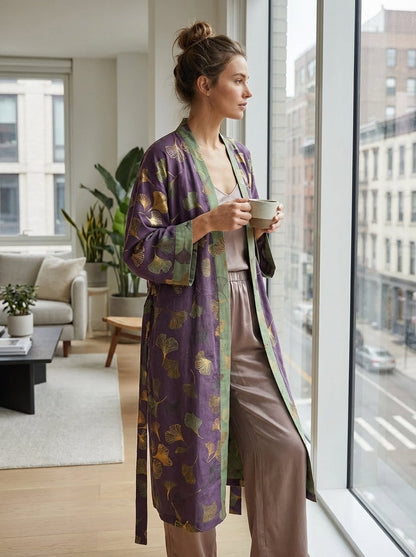 Knee-Length Women's Kimono Bathrobe with Belt and Pattern