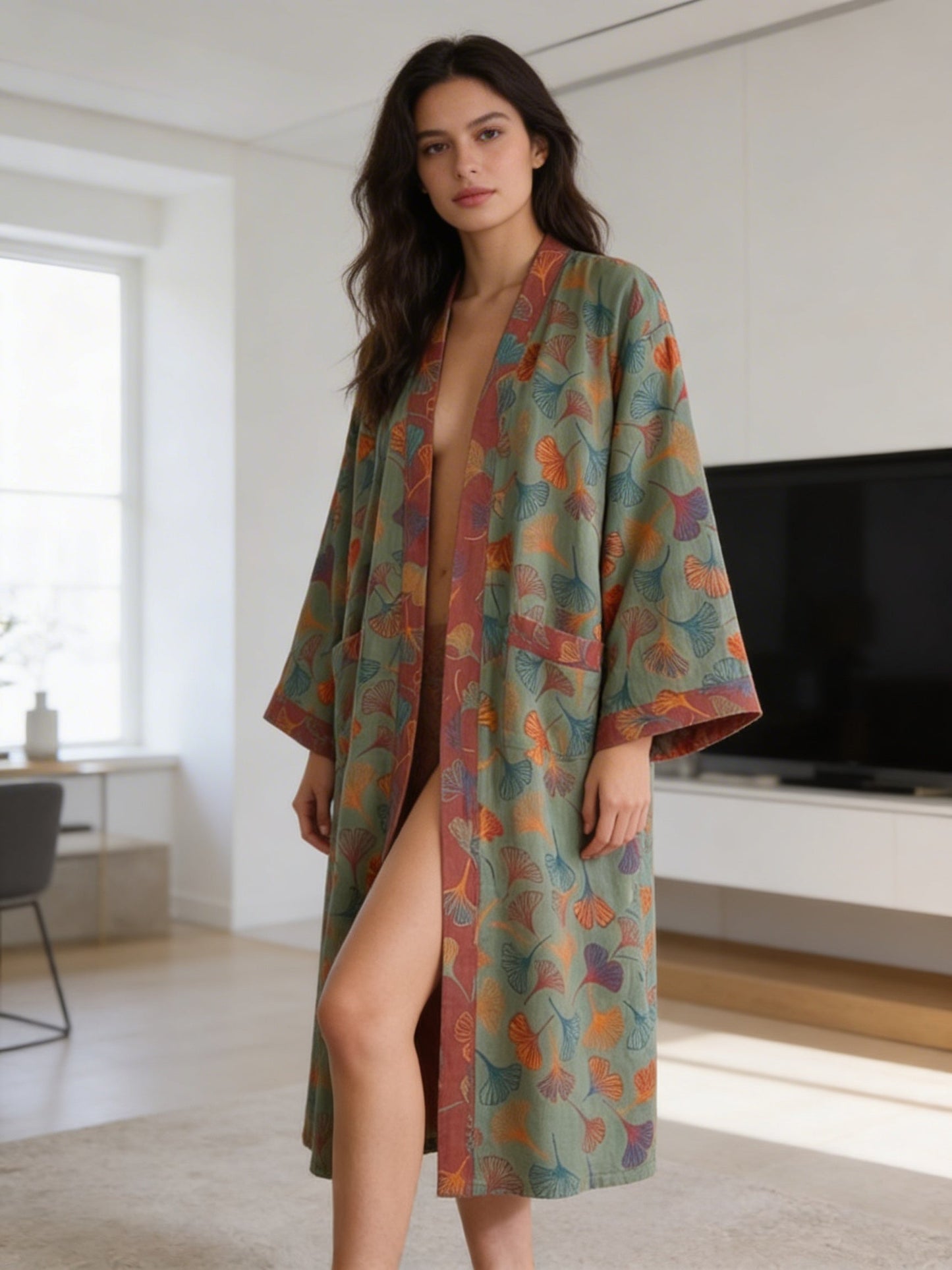 Knee-Length Women's Kimono Bathrobe with Belt and Pattern