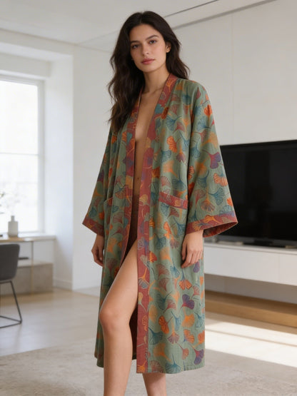 Knee-Length Women's Kimono Bathrobe with Belt and Pattern