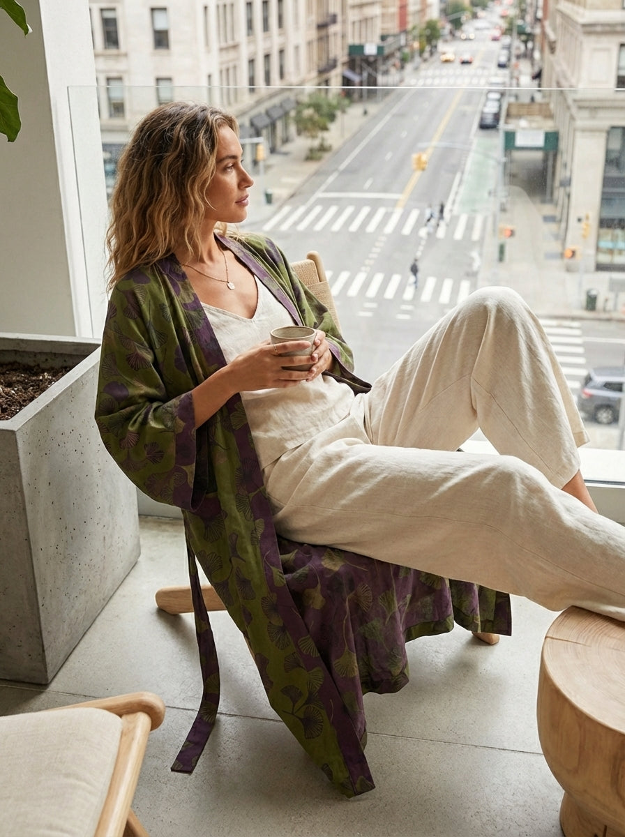 Knee-Length Women's Kimono Bathrobe with Belt and Pattern