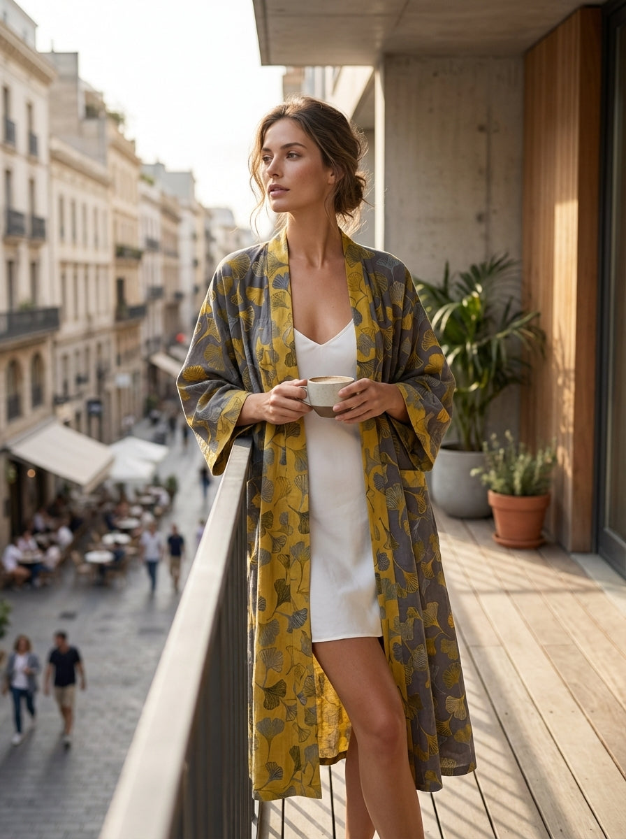 Knee-Length Women's Kimono Bathrobe with Belt and Pattern