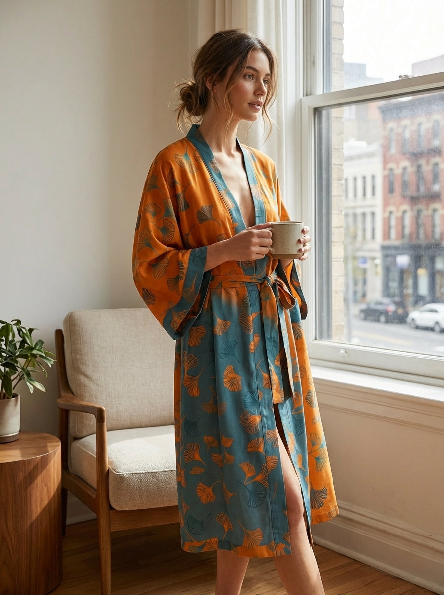 Knee-Length Women's Kimono Bathrobe with Belt and Pattern