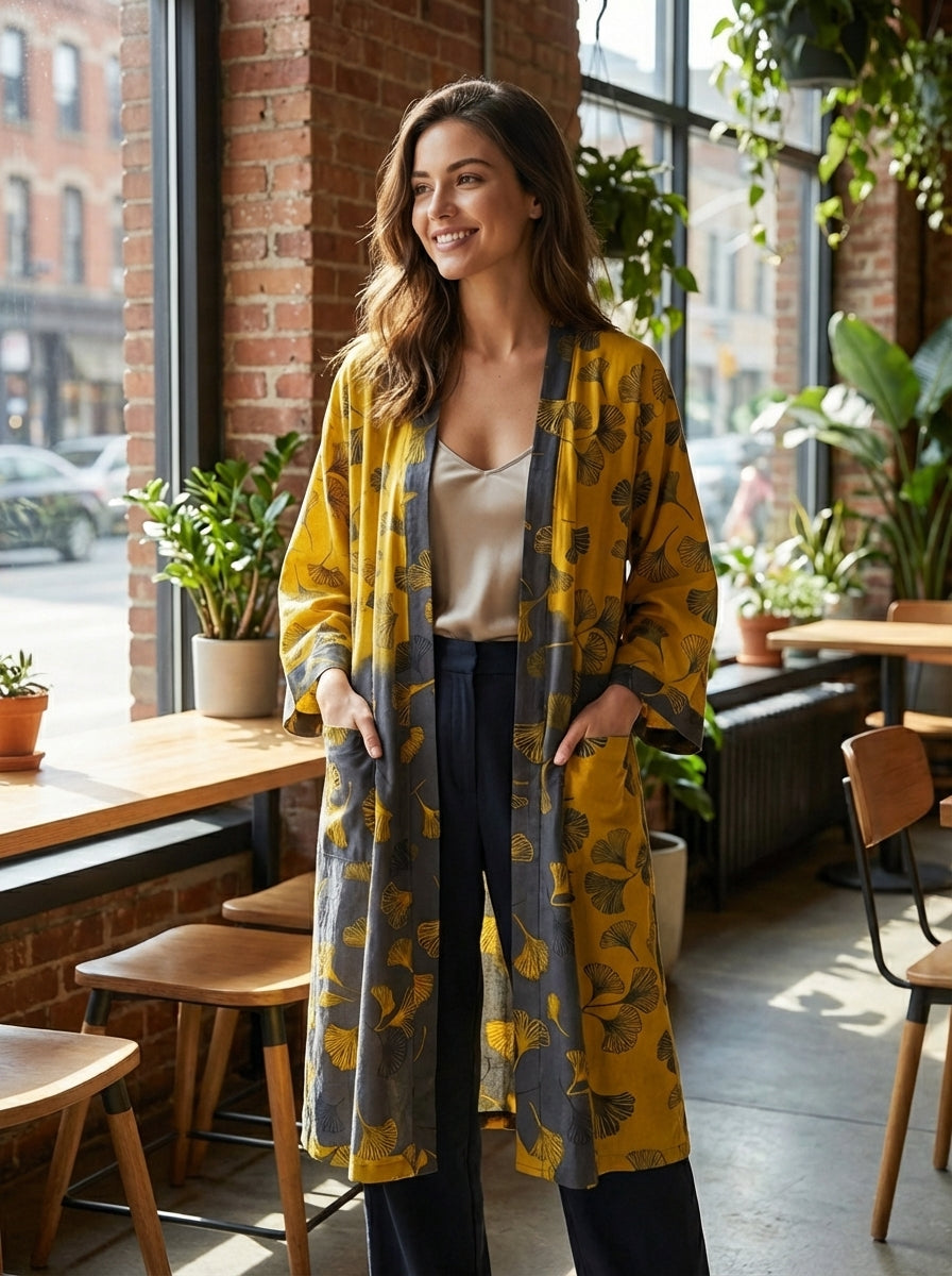 Knee-Length Women's Kimono Bathrobe with Belt and Pattern