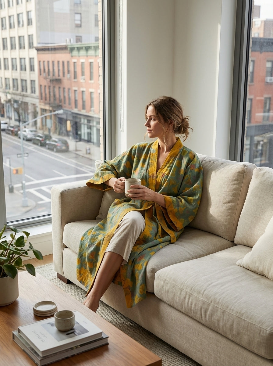 Knee-Length Women's Kimono Bathrobe with Belt and Pattern