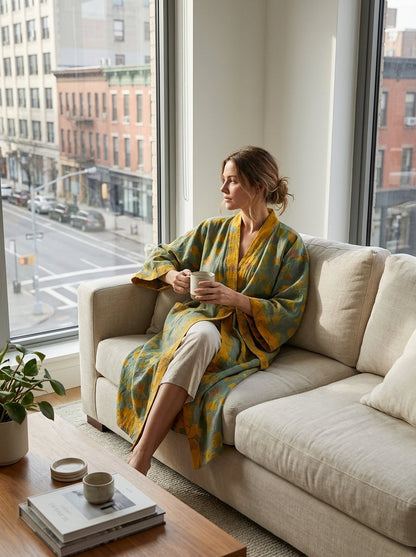 Knee-Length Women's Kimono Bathrobe with Belt and Pattern
