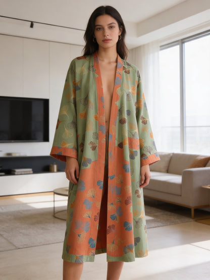 Knee-Length Women's Kimono Bathrobe with Belt and Pattern