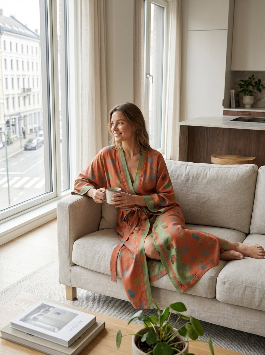 Knee-Length Women's Kimono Bathrobe with Belt and Pattern