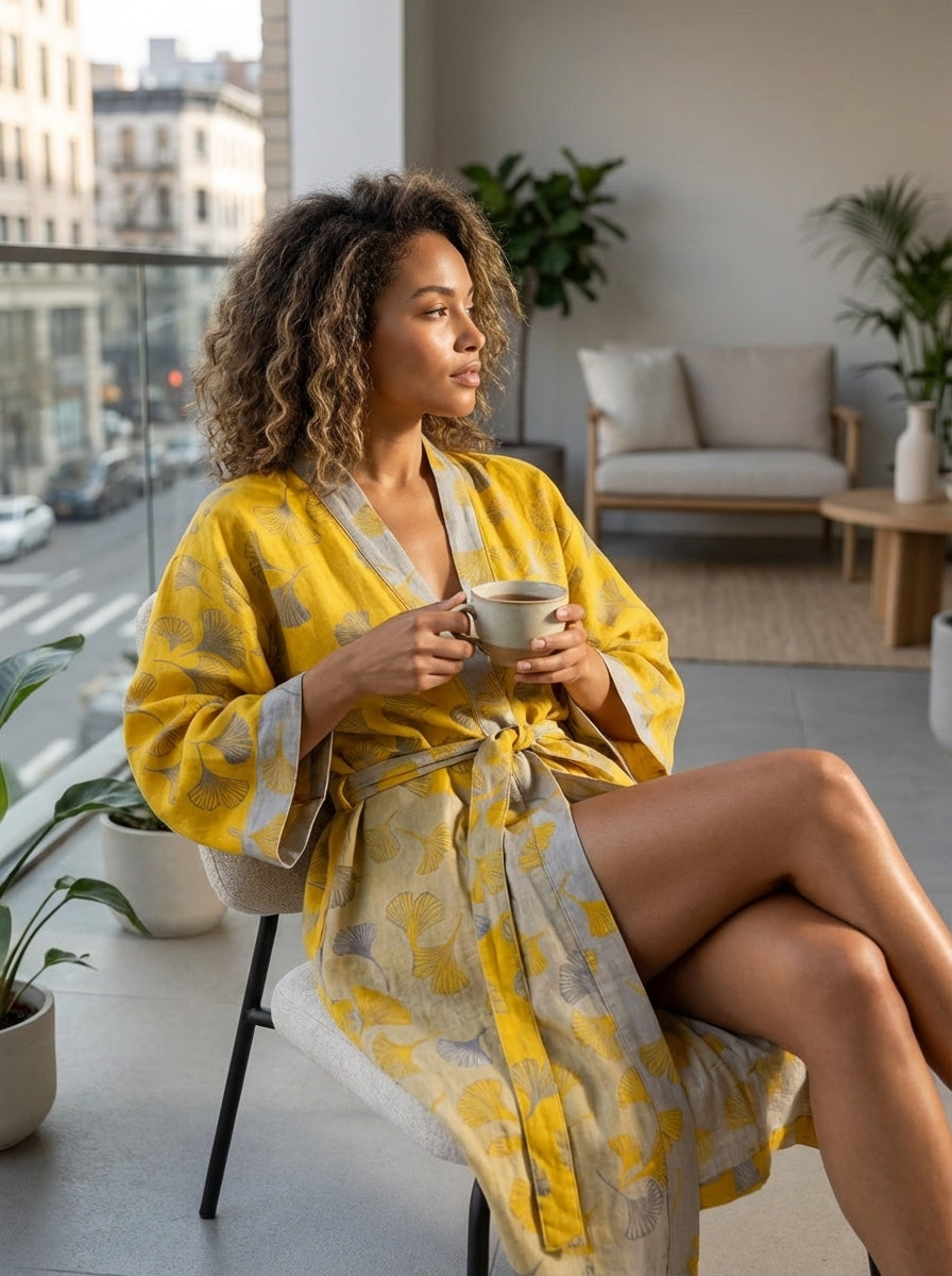 Knee-Length Women's Kimono Bathrobe with Belt and Pattern