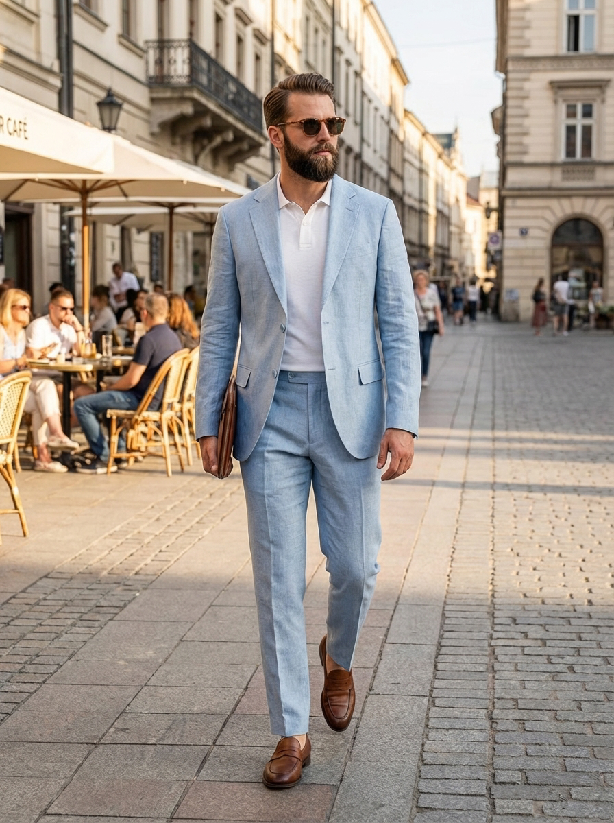 Men's Two-Piece Suit with Notched Lapel and Button Placket