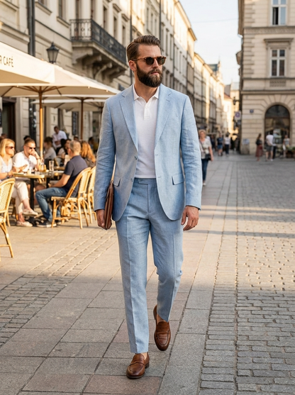 Men's Two-Piece Suit with Notched Lapel and Button Placket