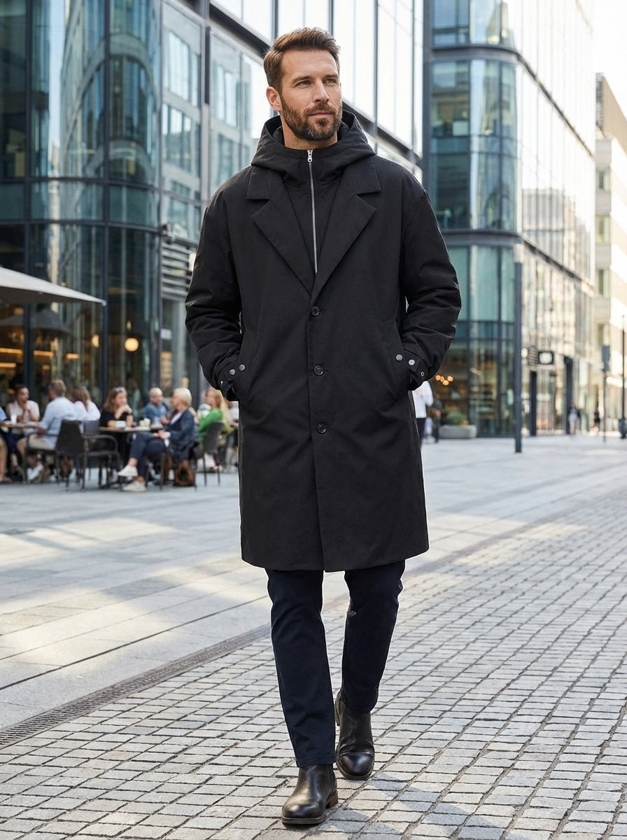 Men's Hooded Coat with Notched Collar