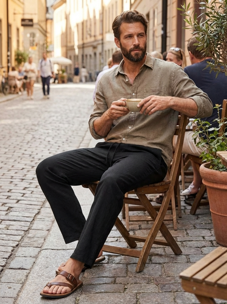 Men's Linen Trousers with Elastic Waist and Drawstring