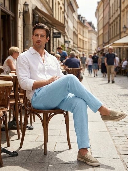 Men's Linen Trousers with Elastic Waist and Drawstring