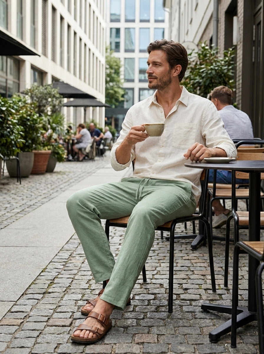 Men's Linen Trousers with Elastic Waist and Drawstring