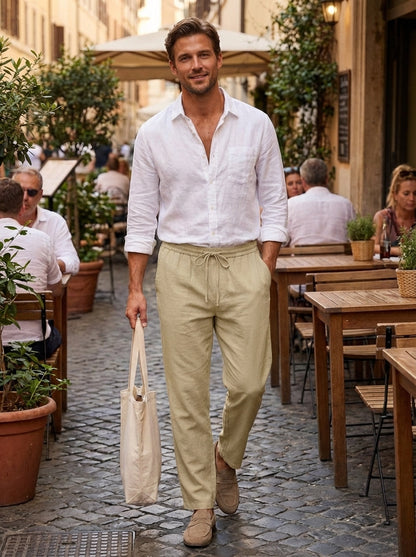Men's Linen Trousers with Elastic Waist and Drawstring