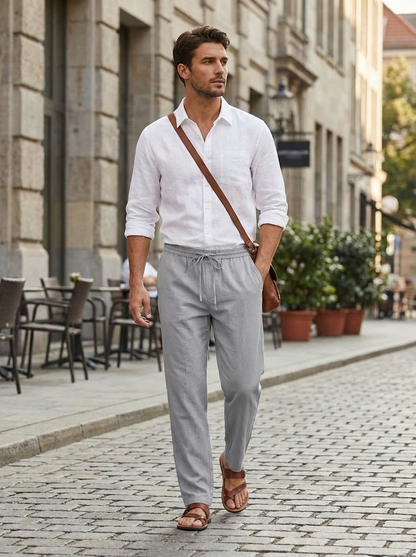 Men's Linen Trousers with Elastic Waist and Drawstring