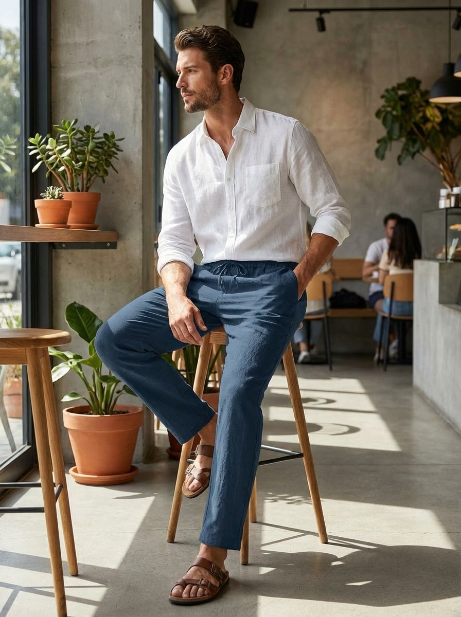 Men's Linen Trousers with Elastic Waist and Drawstring