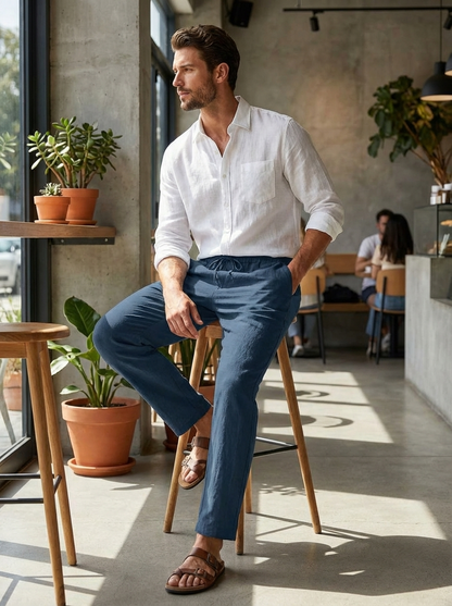 Men's Linen Trousers with Elastic Waist and Drawstring