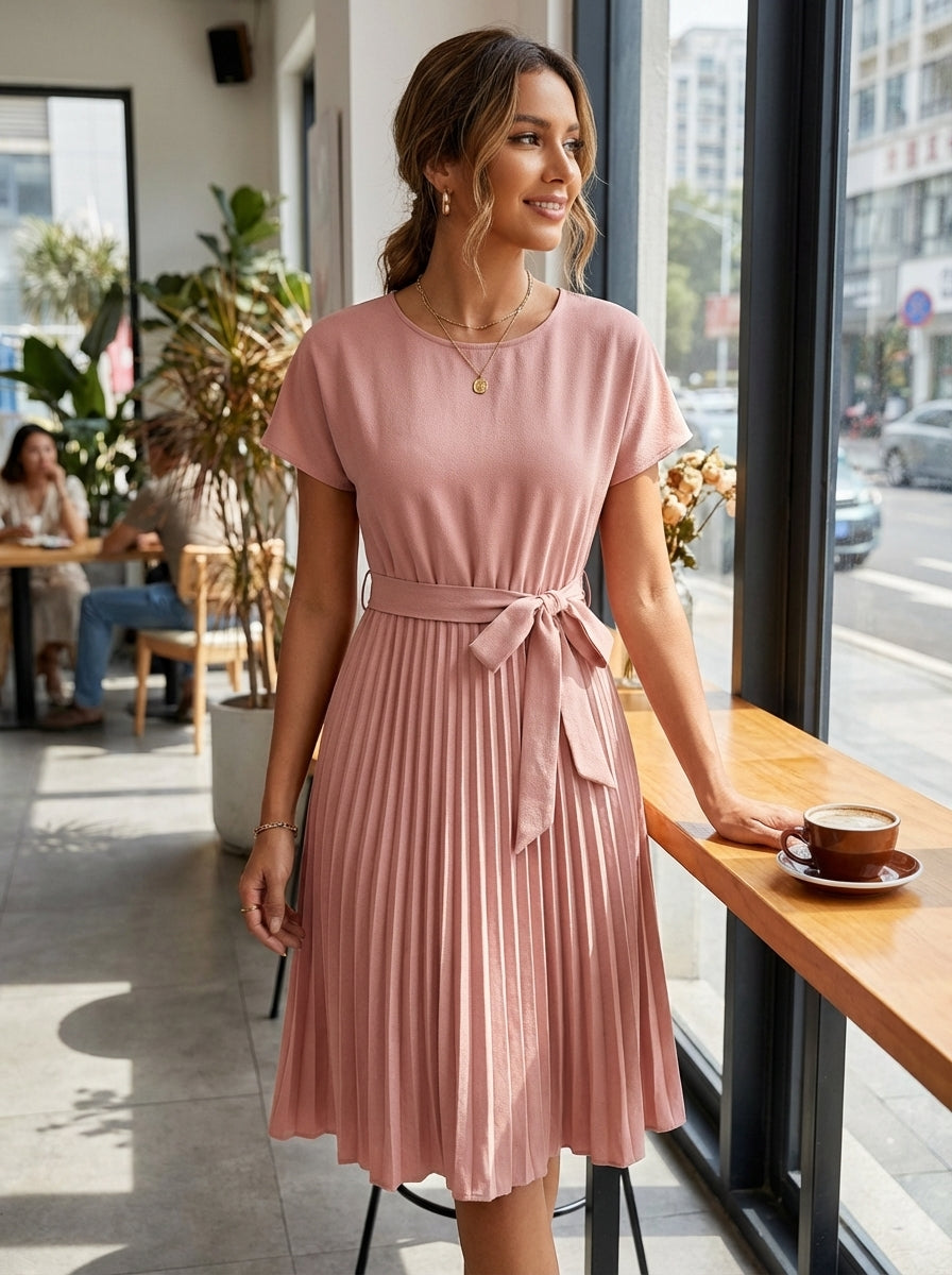 Pleated Skirt Midi Dress for Women with Belt